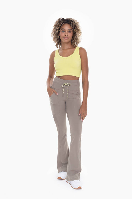 Drawstring Waist Flared Hiking Leggings - Sage Grey
