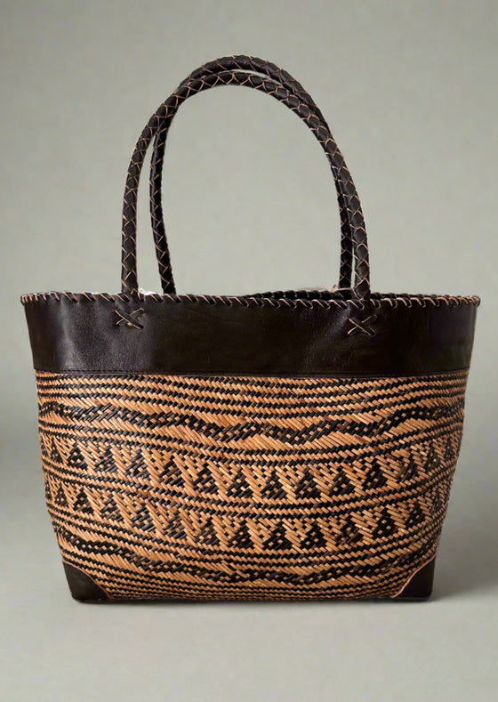 Rattan Tote - Tribal Pattern With Chocolate Leather Trim